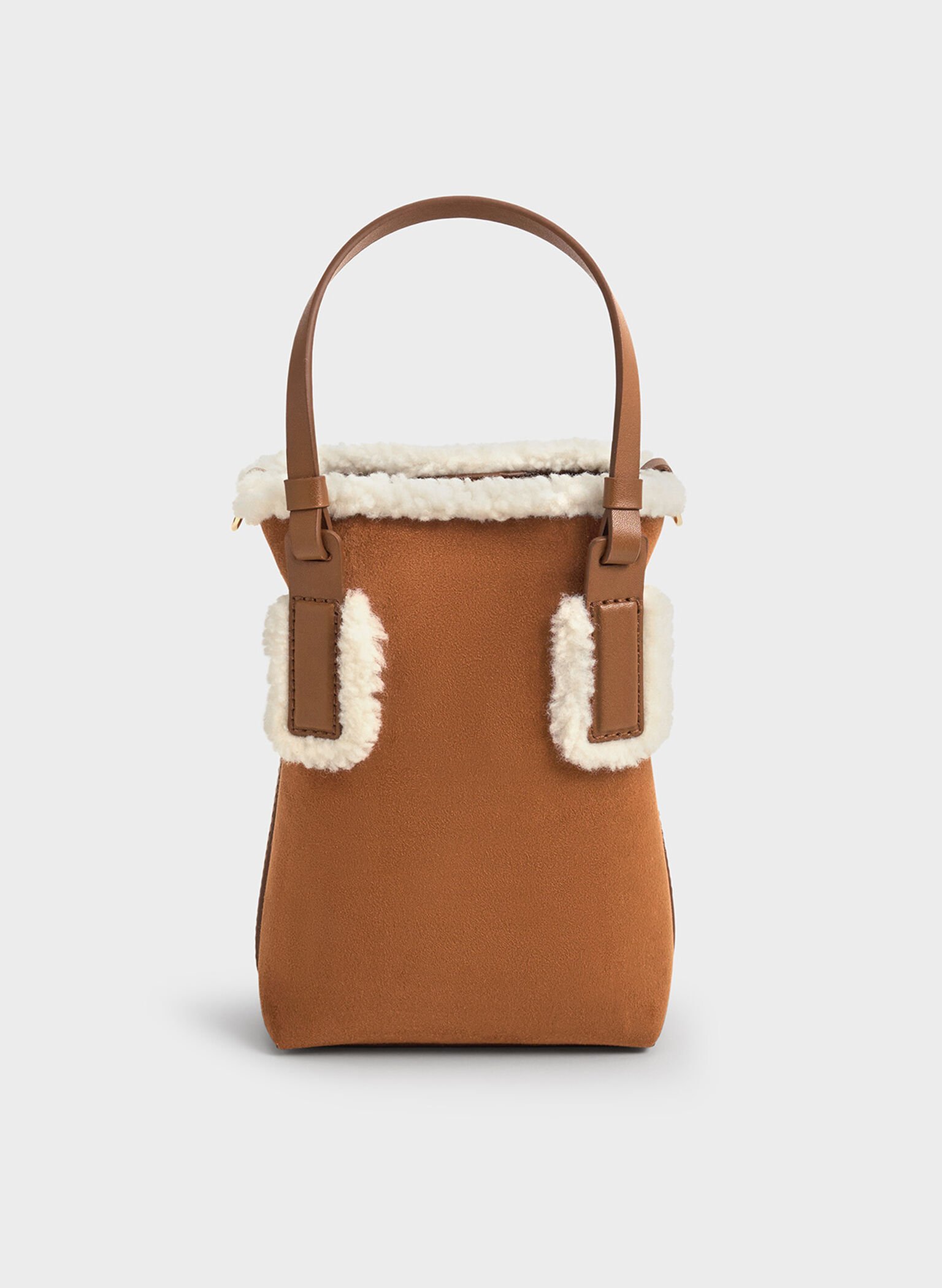 Noelle Faux Suede Fur-Trim Elongated Tote, Brown, hi-res