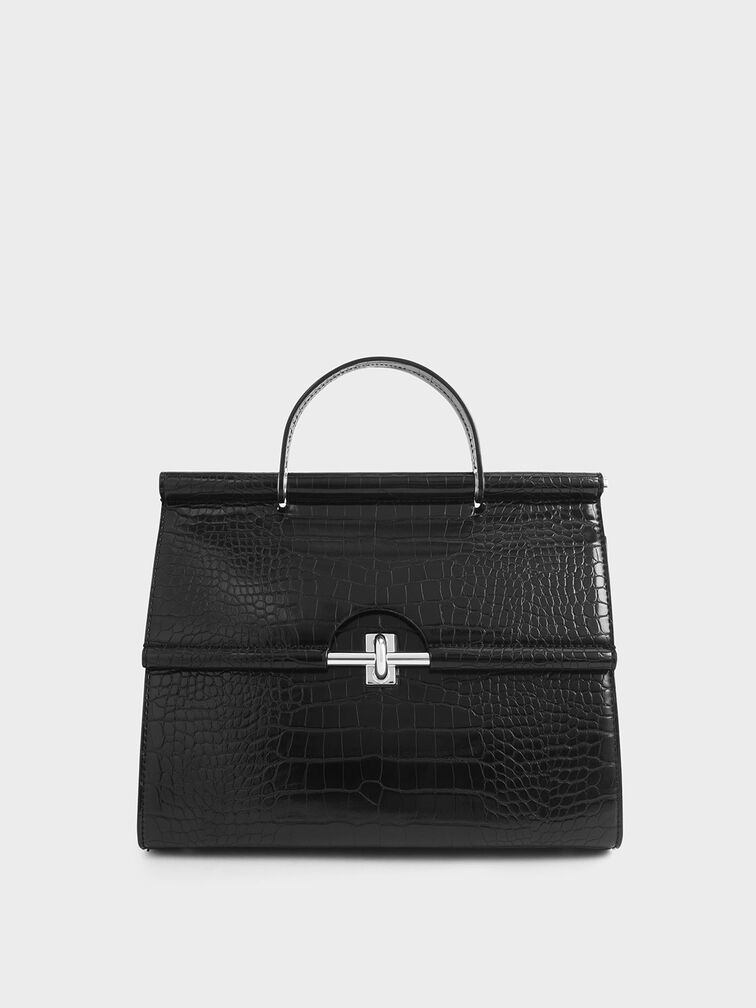 Croc-Effect Structured Single Top Handle Bag, Black, hi-res