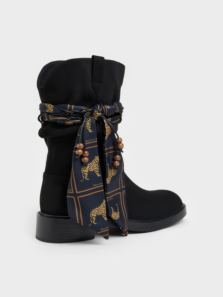 Faux Suede Printed-Scarf Calf Boots, Black Textured, hi-res