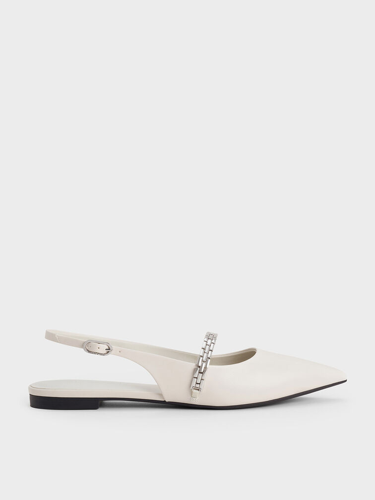 Chain-Strap Pointed-Toe Slingback Flats, Chalk, hi-res