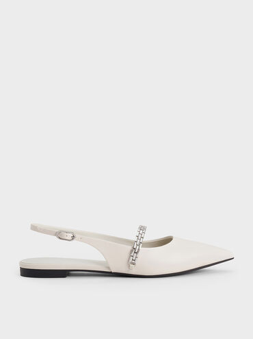 Chain-Strap Pointed-Toe Slingback Flats, Chalk, hi-res