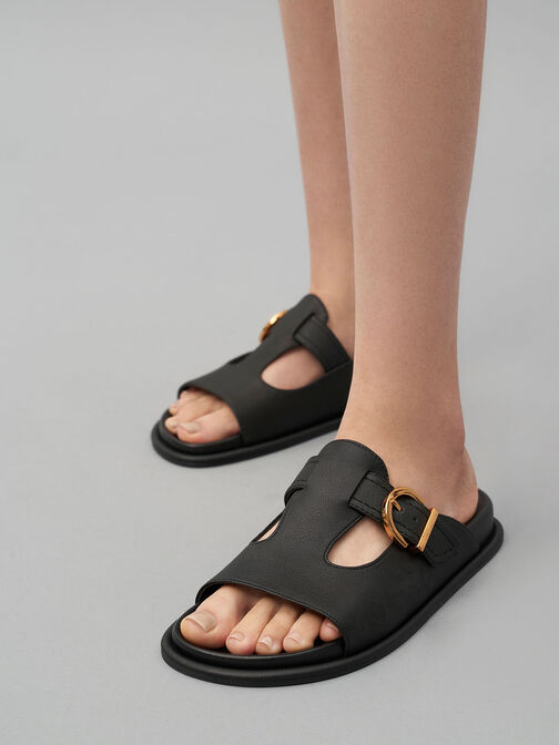 Cut-Out Buckled Slides, Black, hi-res