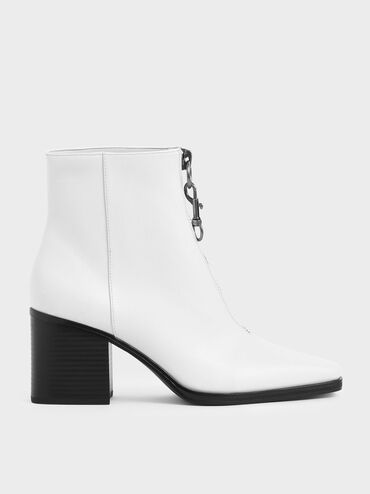 Front Zip Ankle Boots, White, hi-res