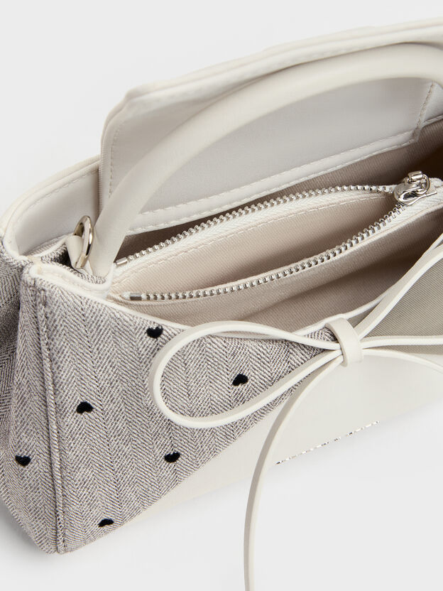 Hazel Heart-Print Bow Panelled Top Handle Bag, Taupe, hi-res