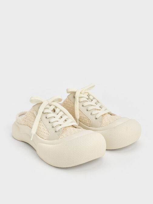 Tweed Lace-Up Slip-On Sneakers, Chalk, hi-res