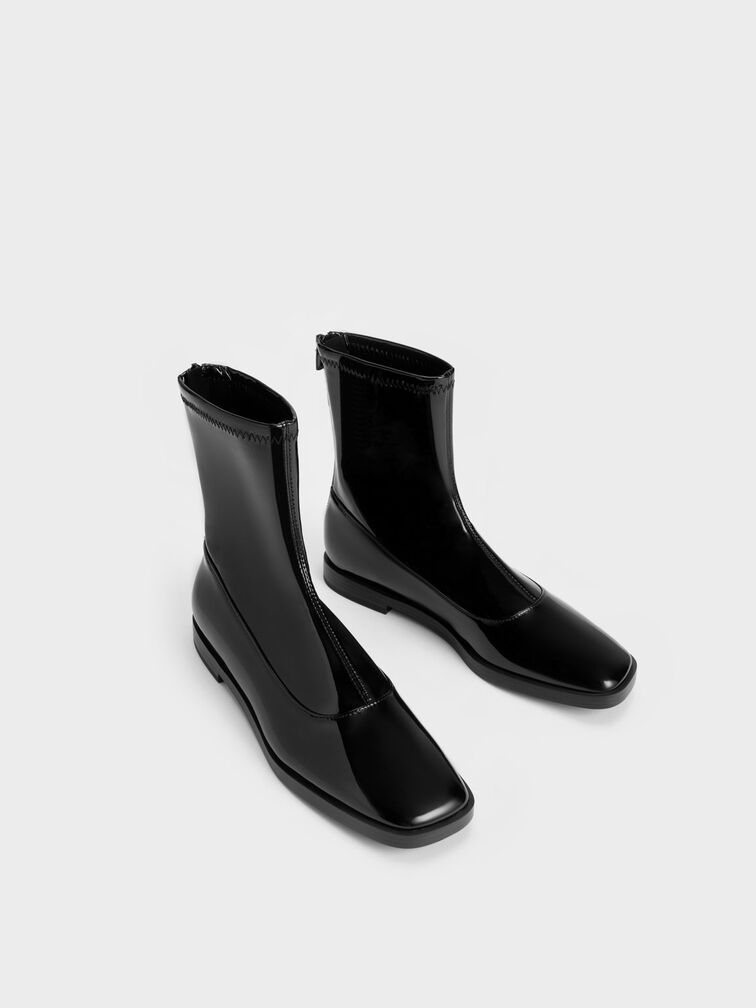 Patent Zip-Up Ankle Boots, Black Textured, hi-res