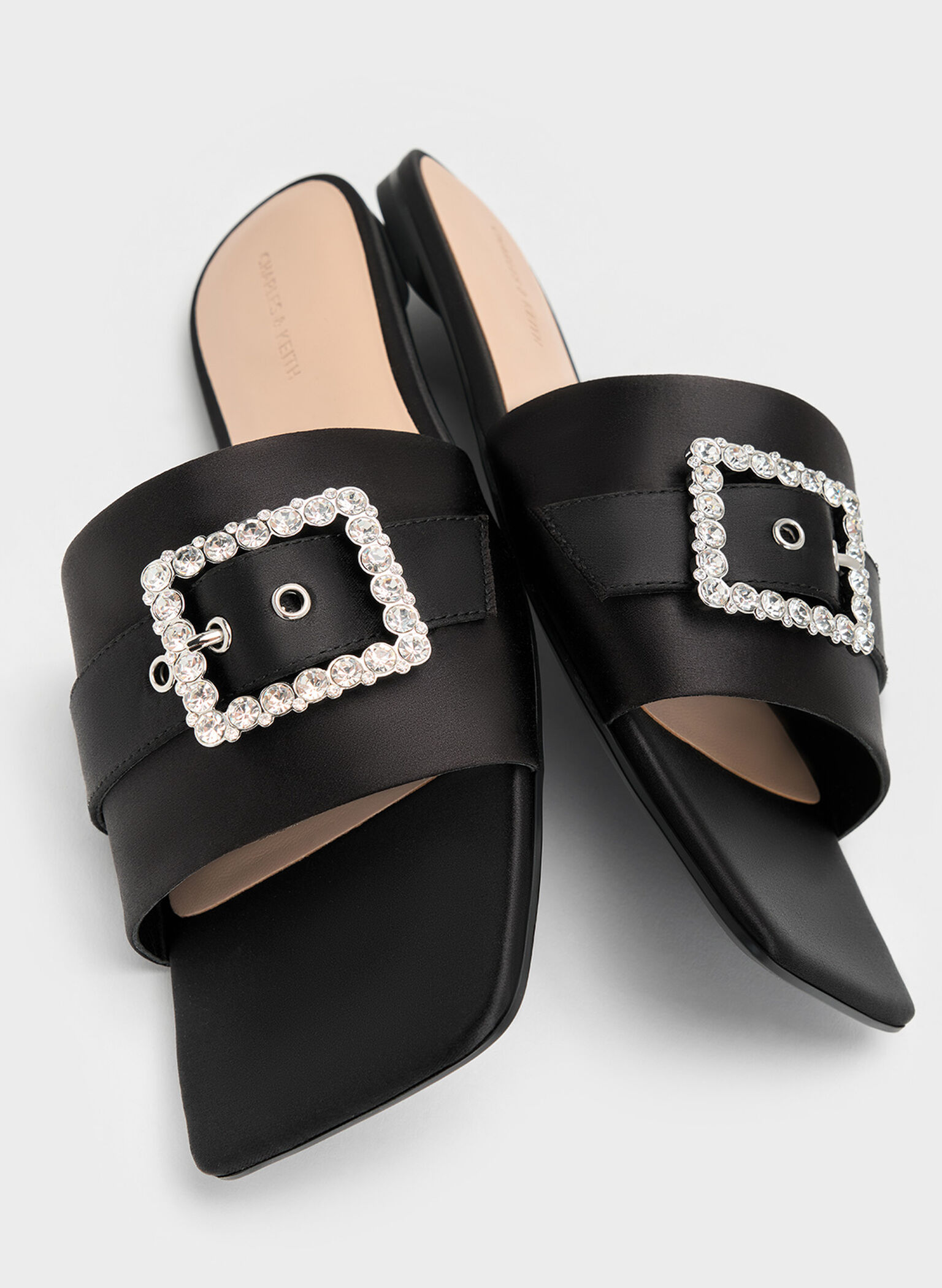 Satin Gem-Buckle Square-Toe Slide Sandals, Black Textured, hi-res