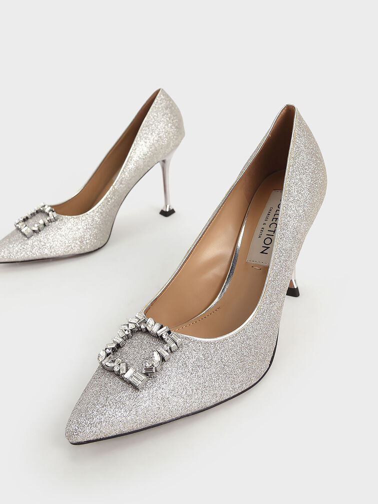 Glitter Gem-Embellished Pumps, Silver, hi-res