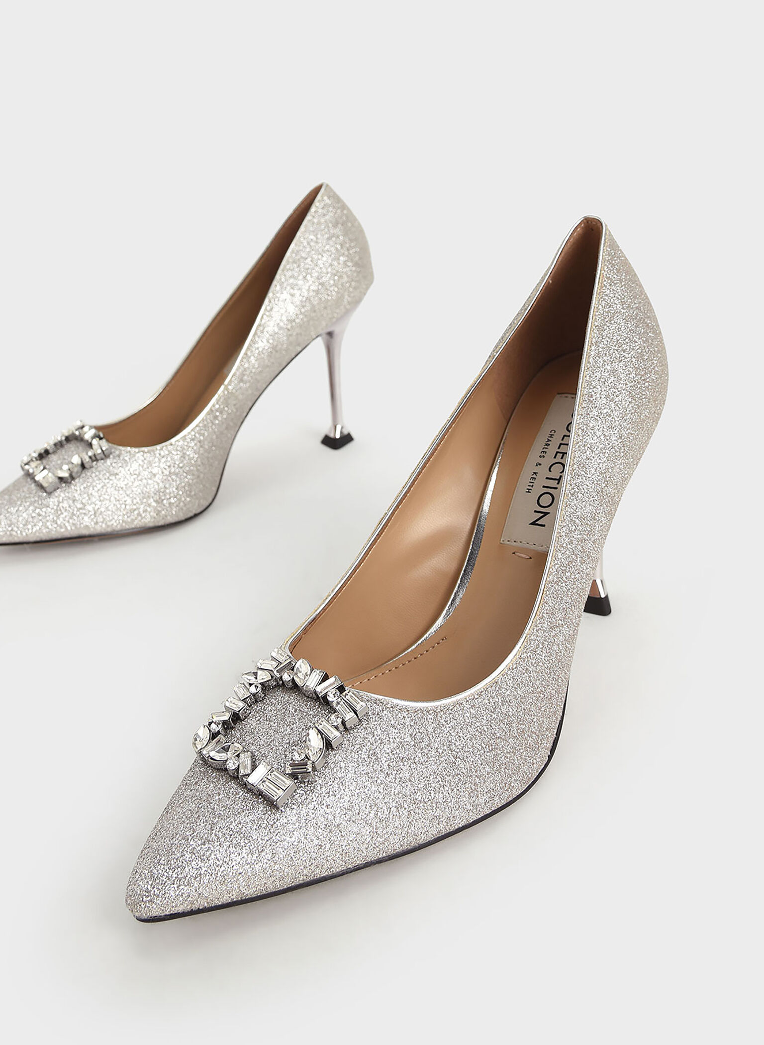 Glitter Gem-Embellished Pumps, Silver, hi-res