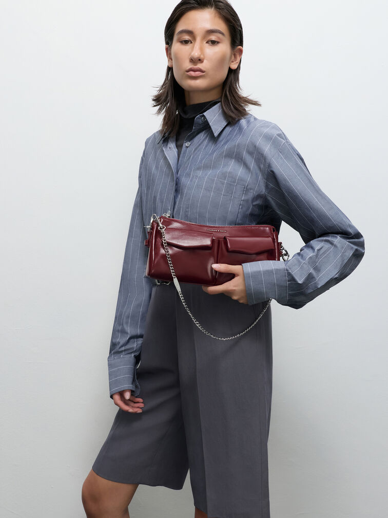 Rachel Elongated Front-Pocket Chain-Handle Bag, Burgundy, hi-res