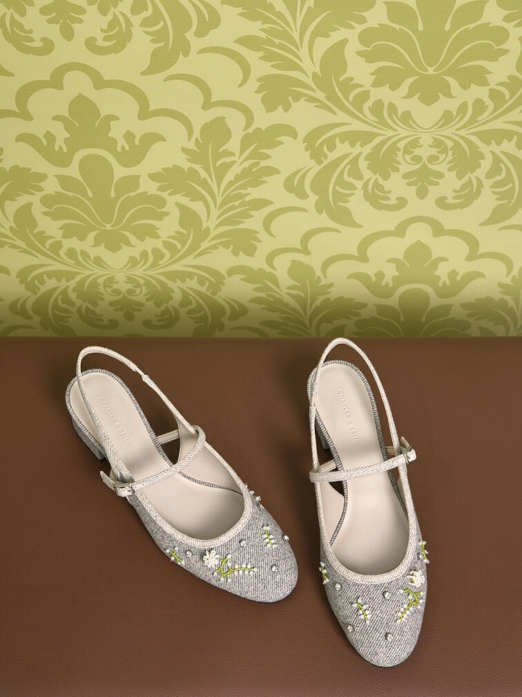Twill Bead-Flower Block-Heel Slingback Mary Jane Pumps, Grey, hi-res