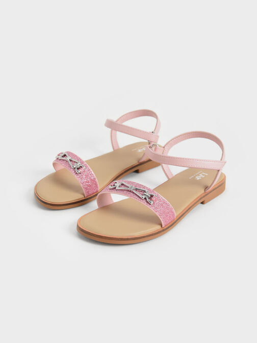 Girls' Metallic Accent Glittered Sandals, Pink, hi-res