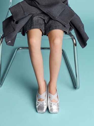 Girls' Metallic Bow Square-Toe Crossover-Strap Ballet Flats, Silver, hi-res