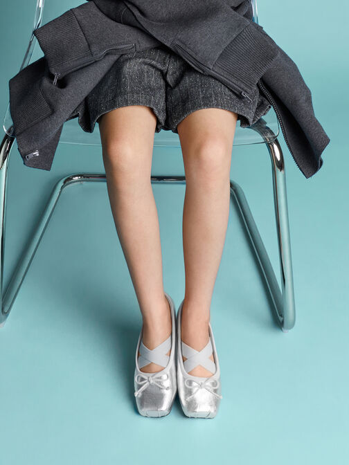 Girls' Metallic Bow Square-Toe Crossover-Strap Ballet Flats, Silver, hi-res