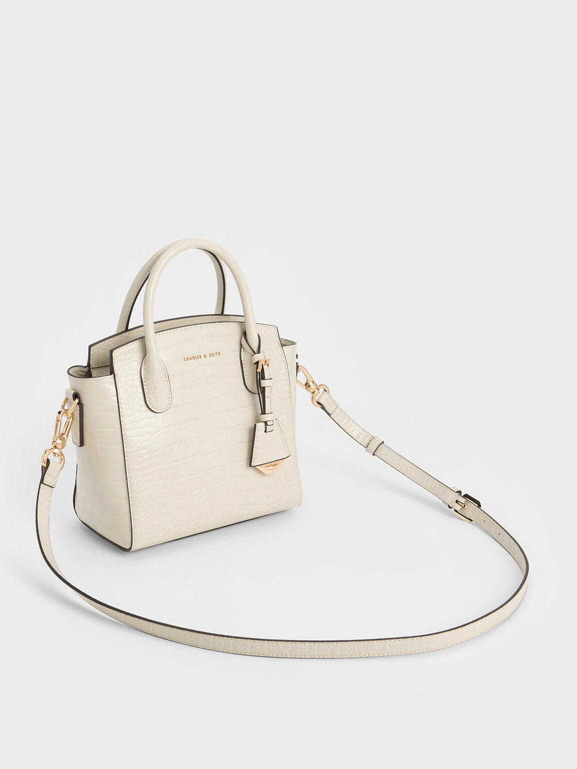 Croc-Effect Trapeze Tote Bag - Ivory