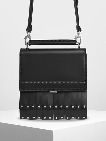 Fringe Trim Top Handle Bag, Black, hi-res
