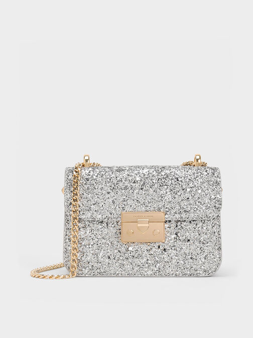 Glittered Push-Lock Chain-Handle Bag, Silver, hi-res