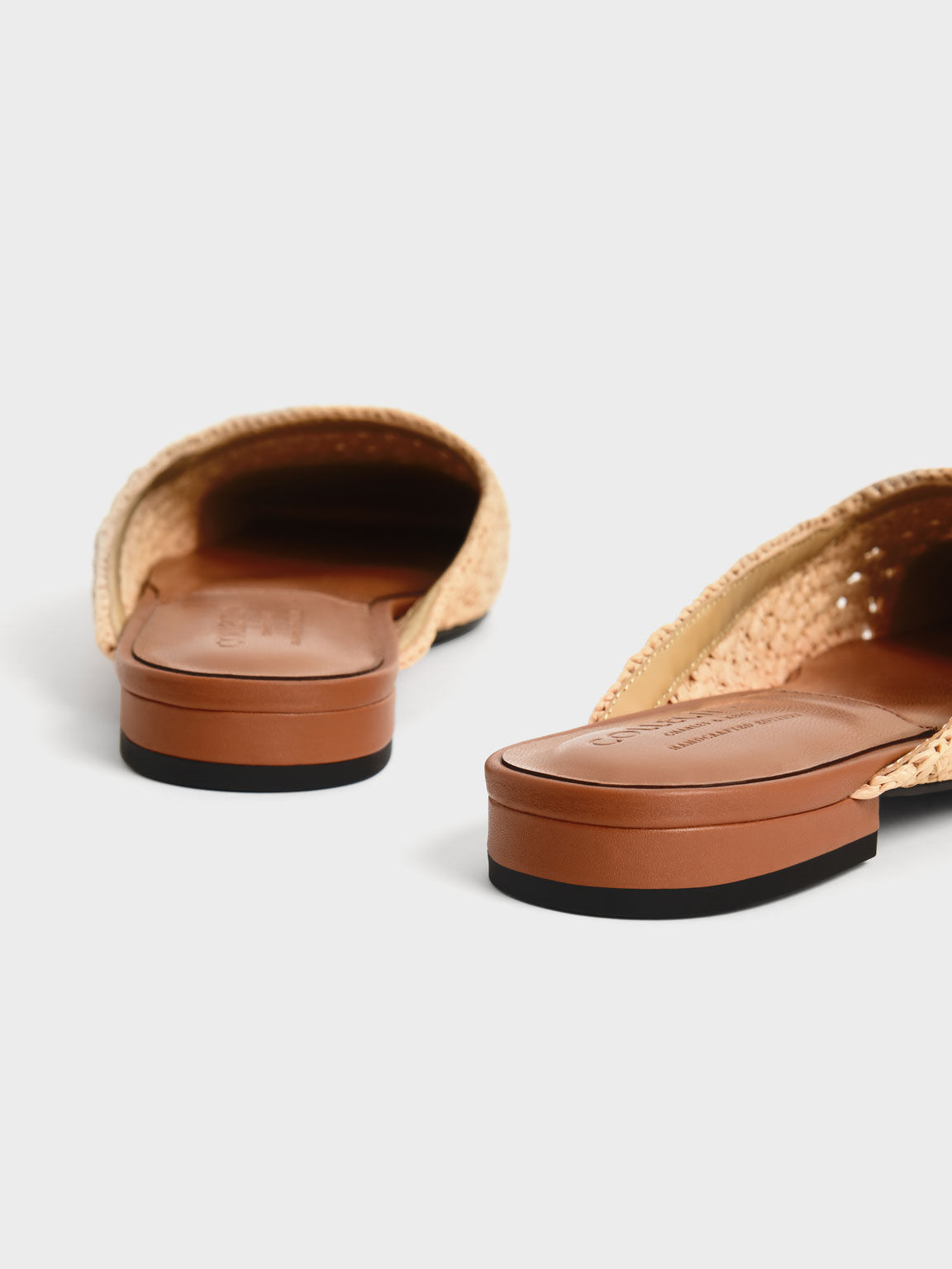 Leather & Raffia Flat Mules, Brown, hi-res