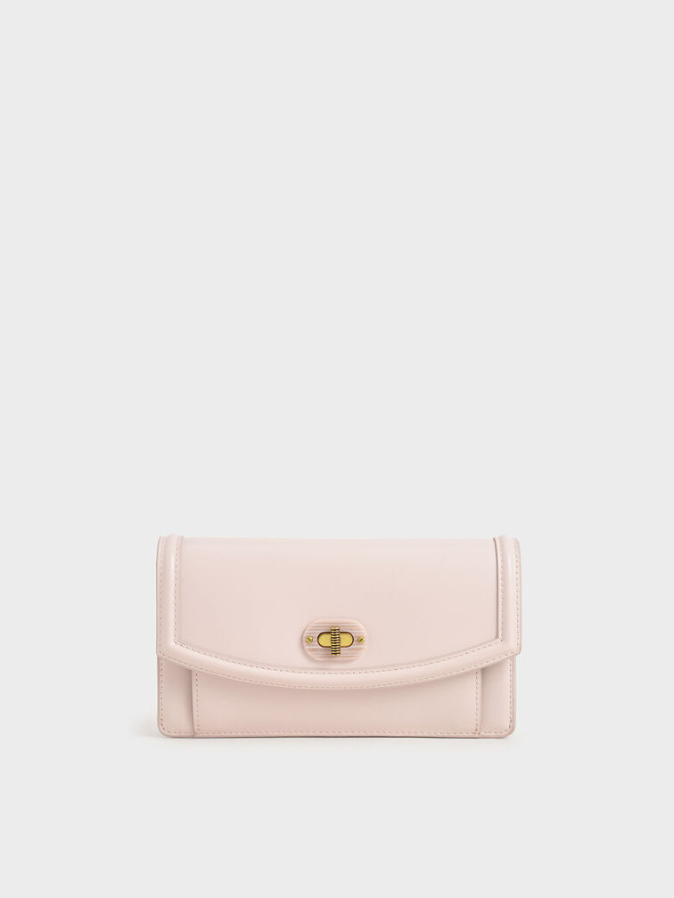 Stone-Embellished Curved Long Wallet, Pink, hi-res