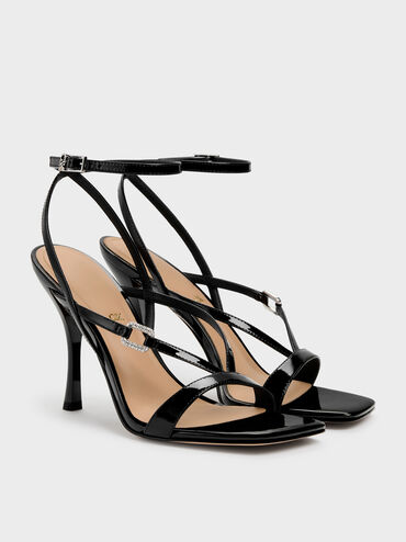 Sandalias de charol con hebilla de cristal, Charol negro, hi-res