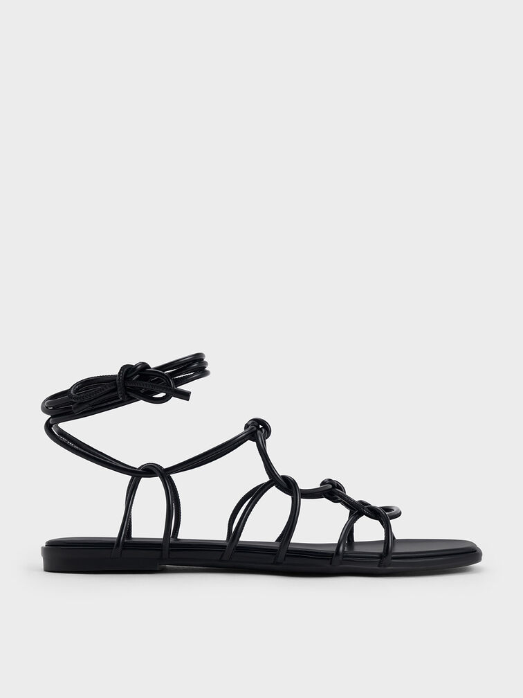 Strappy Knotted Tie-Around Sandals, Black, hi-res