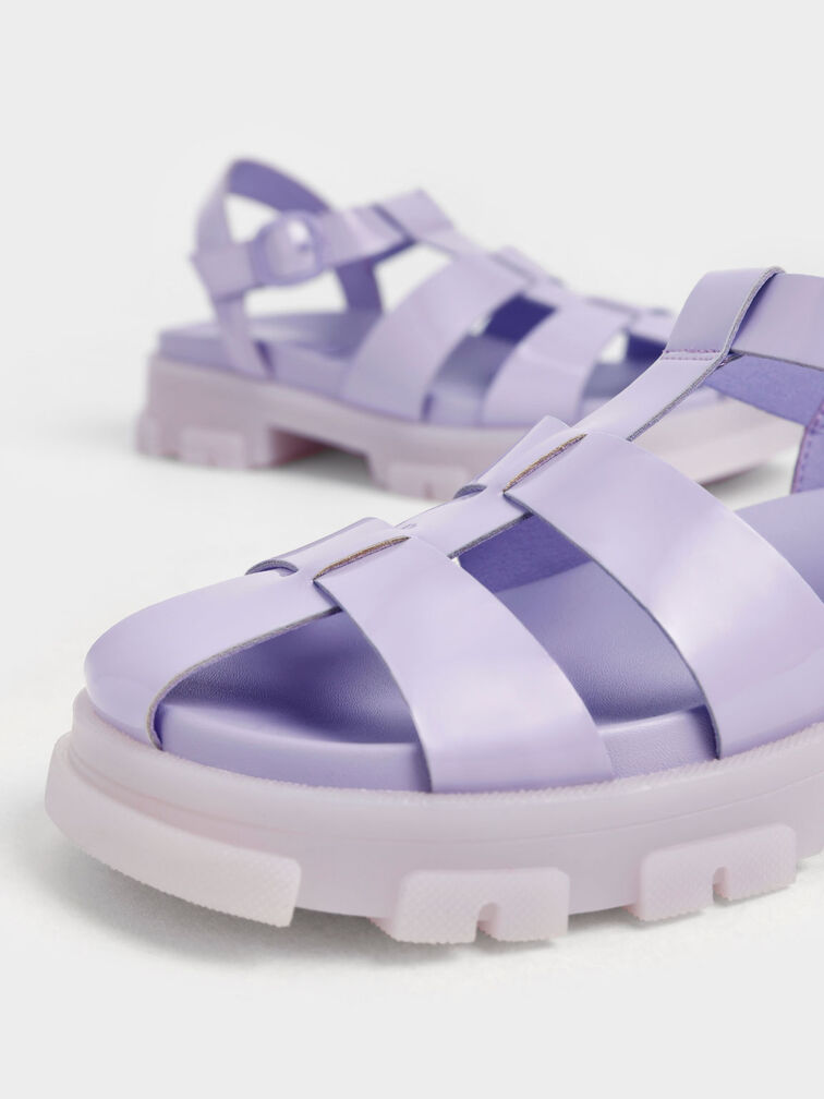 Girls' Patent Caged Sandals, Lilac, hi-res