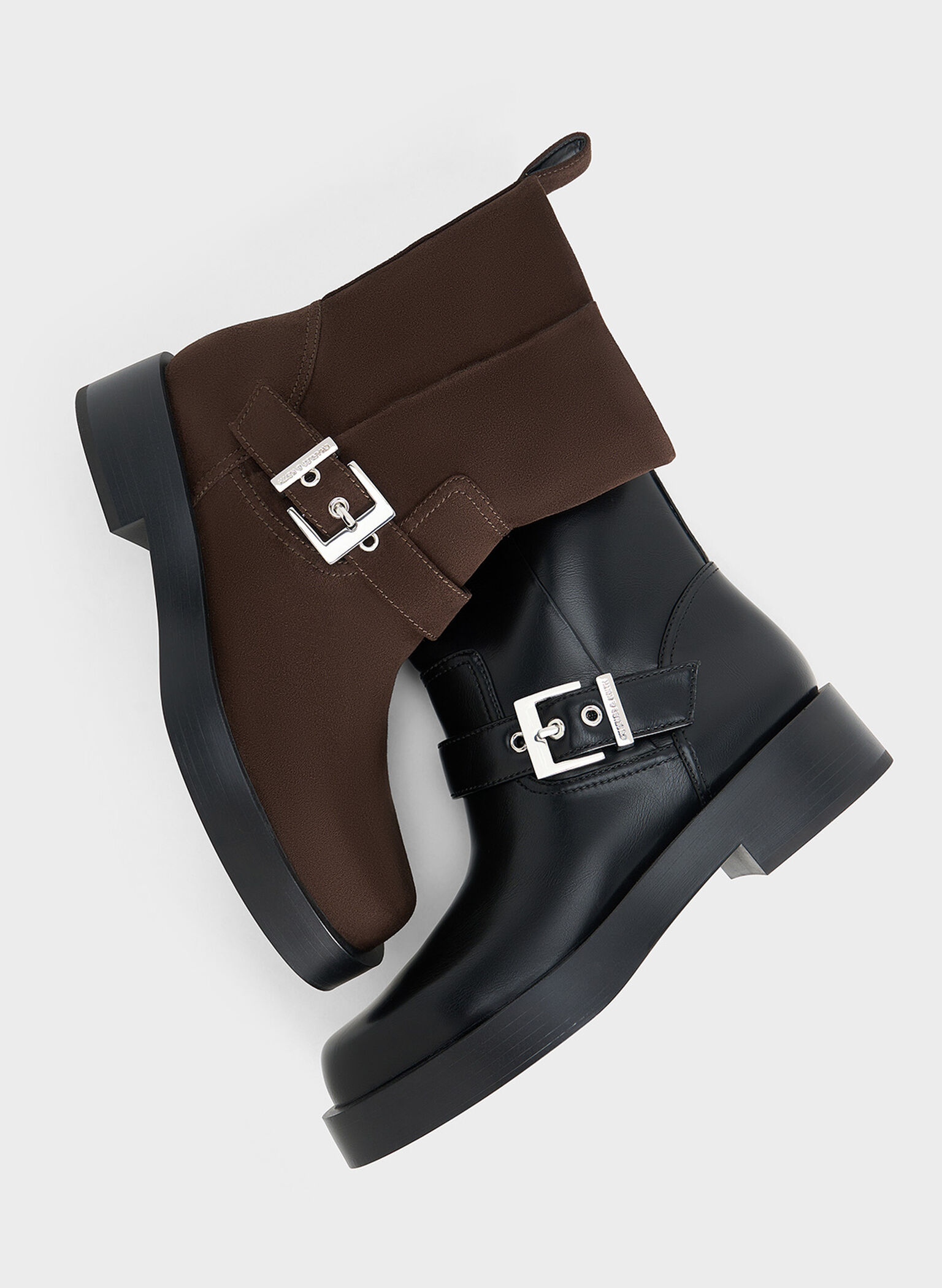 Buckle-Strap Biker Boots, Black, hi-res