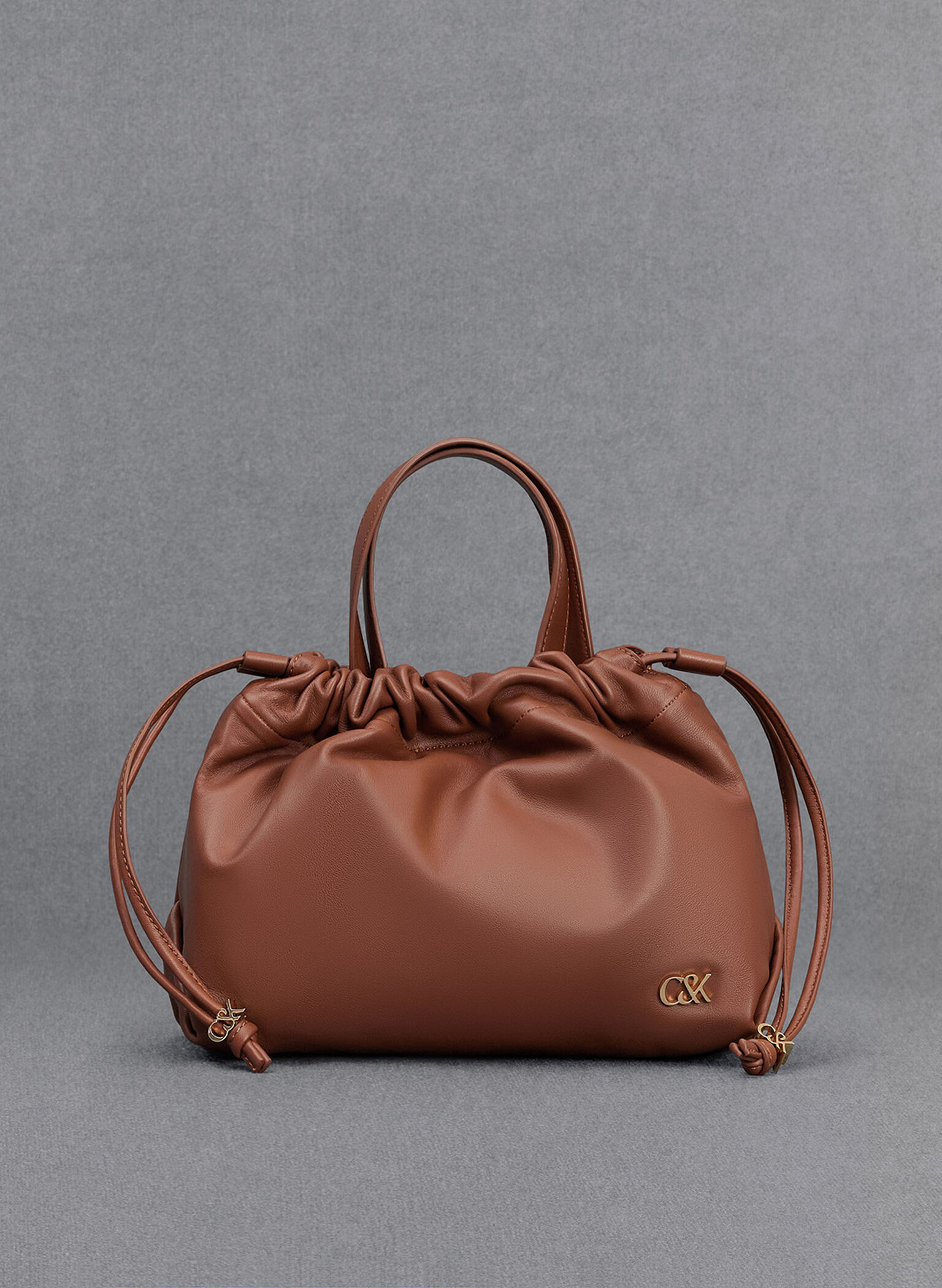 Leather Ruched Drawstring Bag, Cognac, hi-res