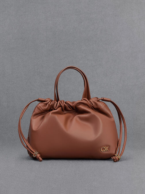 Leather Ruched Drawstring Bag, Cognac, hi-res