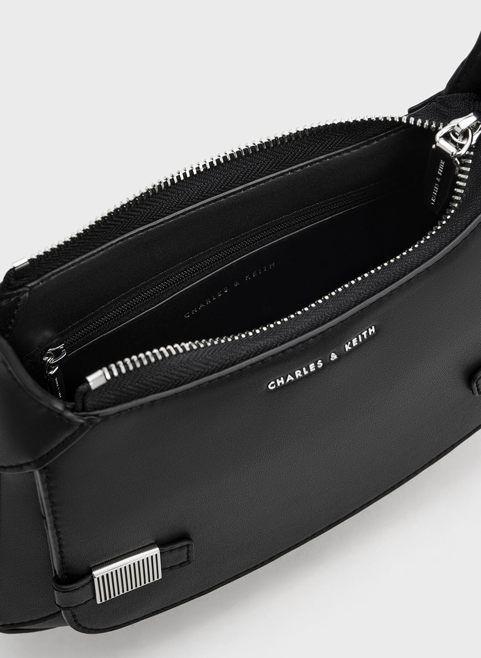 Metallic-Accent Curved Shoulder Bag, Black, hi-res
