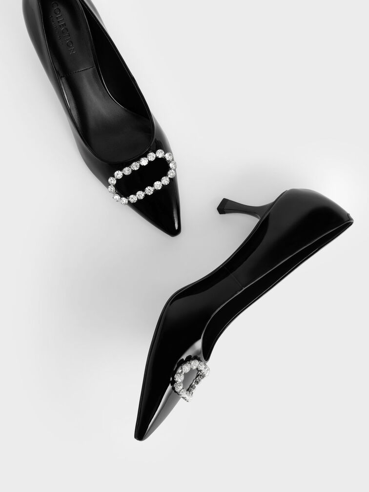 Gem-Embellished Patent Leather Pumps, Black, hi-res