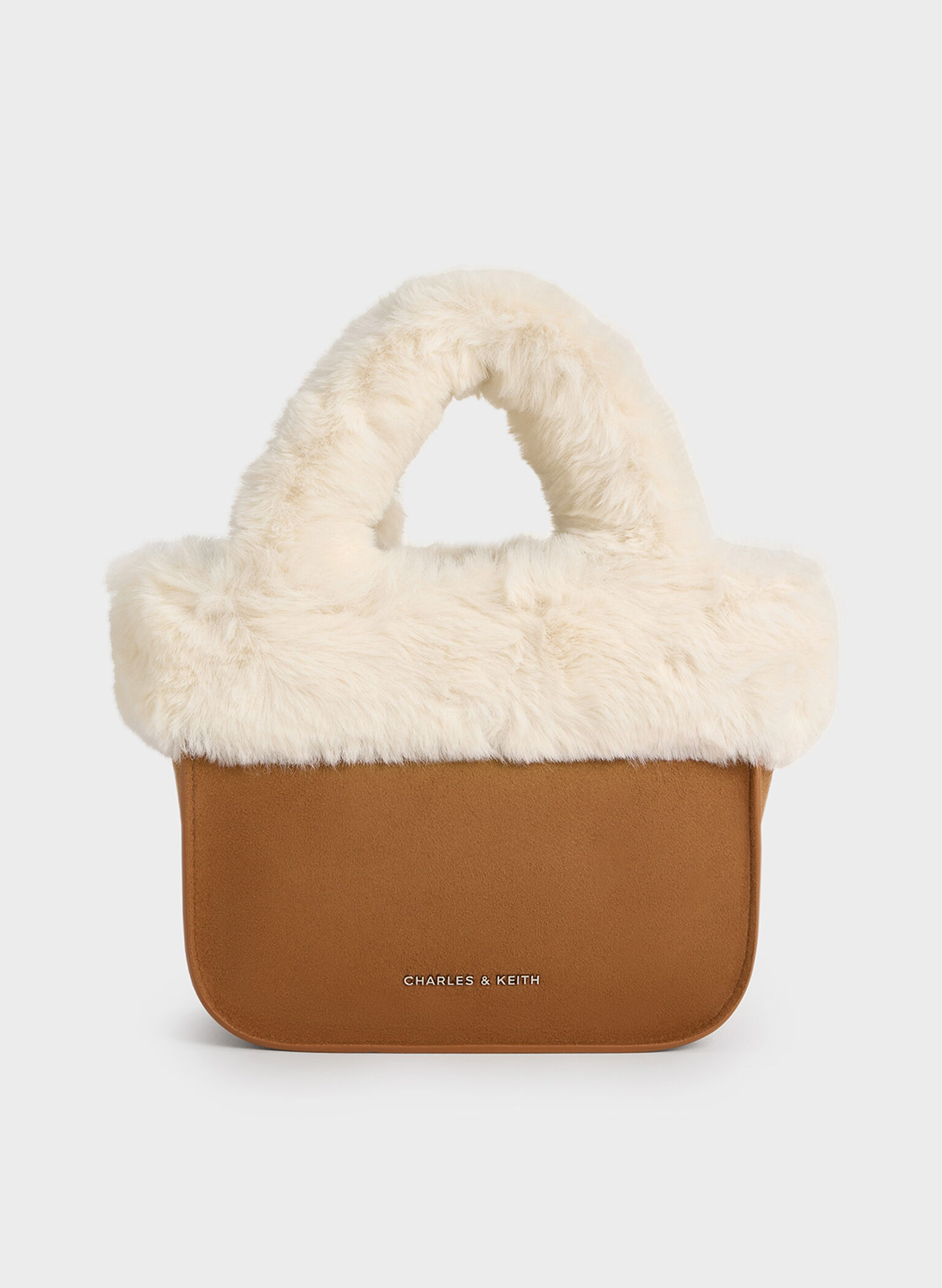 Girls' Textured Fur-Trim Tote Bag, Brown, hi-res