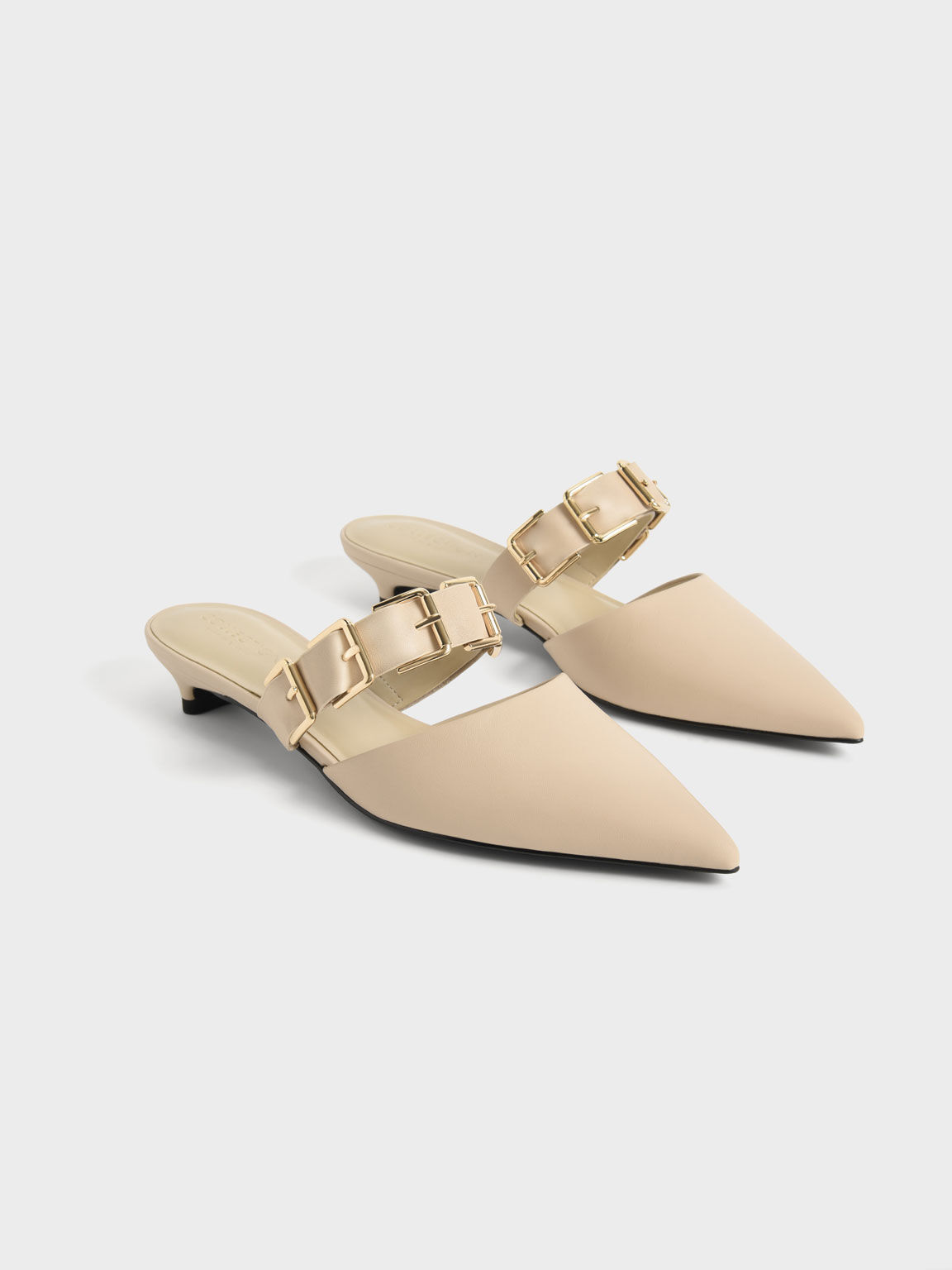 Buckled Leather Kitten Heel Mules, Chalk, hi-res