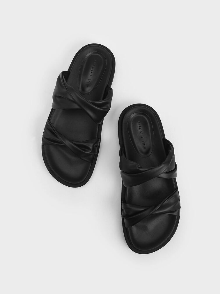 Twist Strap Padded Slide Sandals, Black, hi-res