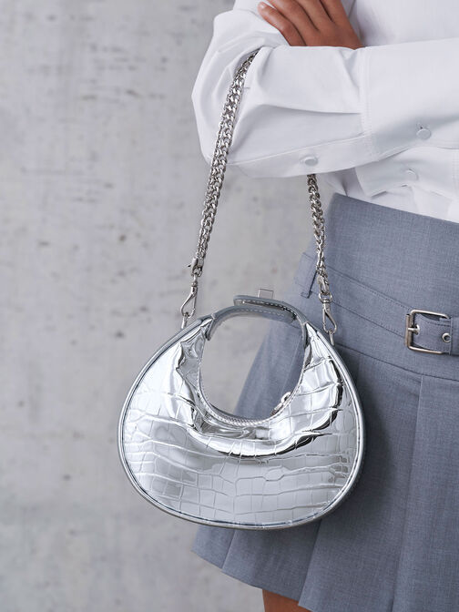 Silver Padded Handle Textured Crossbody Bag - CHARLES & KEITH