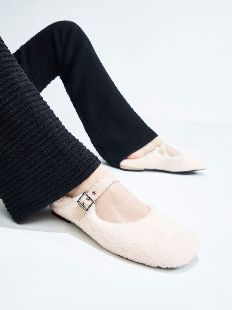 Furry Mary Jane Flats, Chalk, hi-res