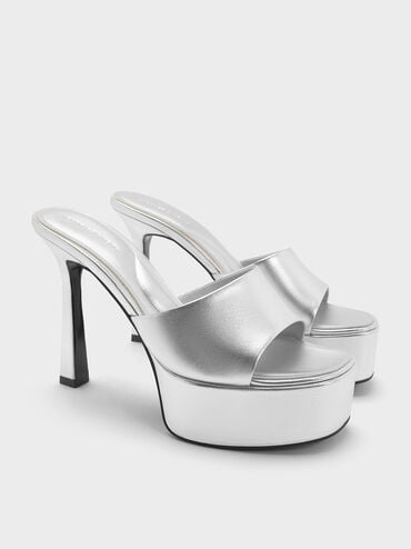 Metallic High-Heel Platform Mules, Silver, hi-res