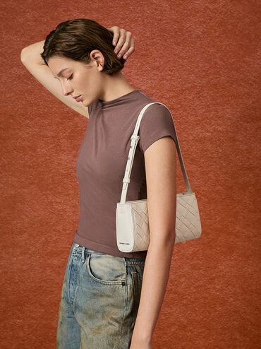 Bolso de hombro entrelazado alargado Ivette, Crema, hi-res