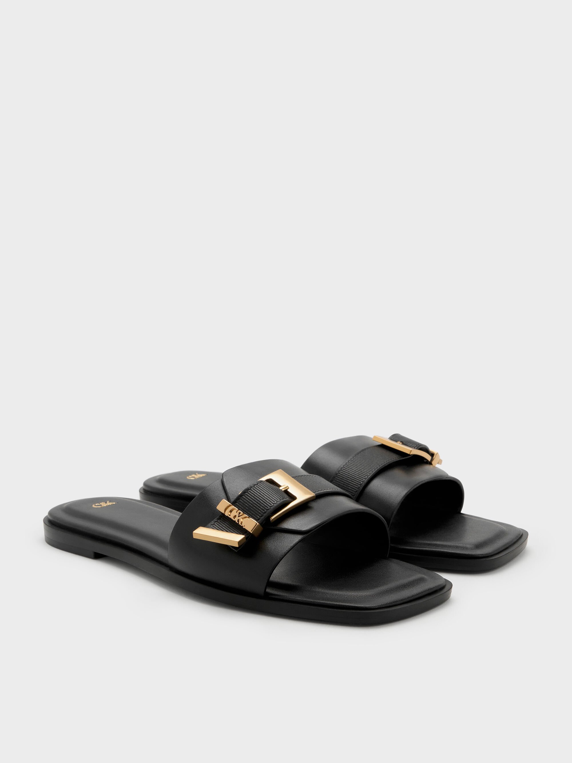 Black Whitney Leather Buckled Square-Toe Slide Sandals - Black