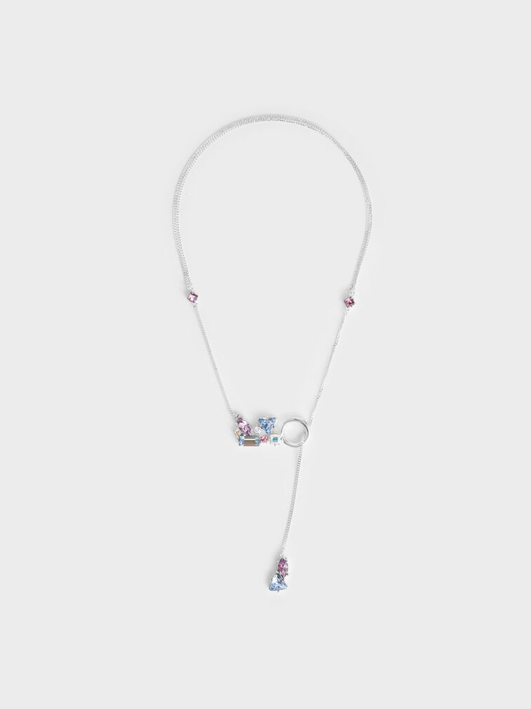 Crystal-Embellished Double Chain Necklace, Silver, hi-res