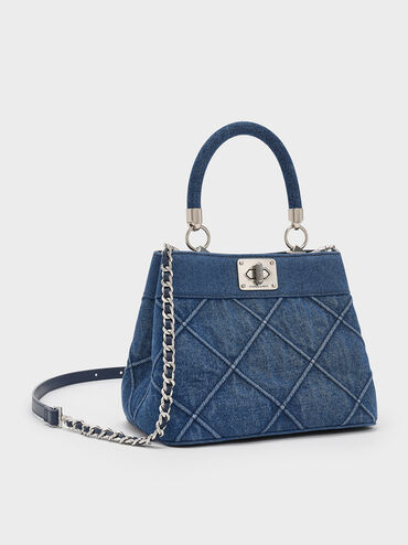 Eleni Denim Quilted Top Handle Bag, Denim Blue, hi-res