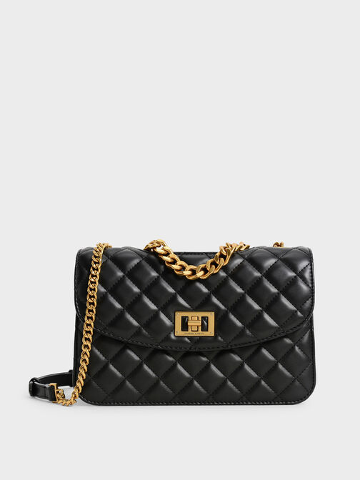 Quilted Chain Bag, Black, hi-res