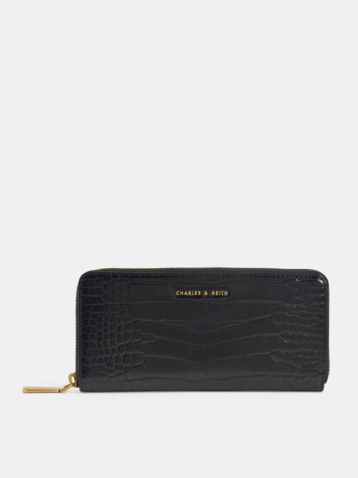 Croc-Effect Long Wallet, Black, hi-res