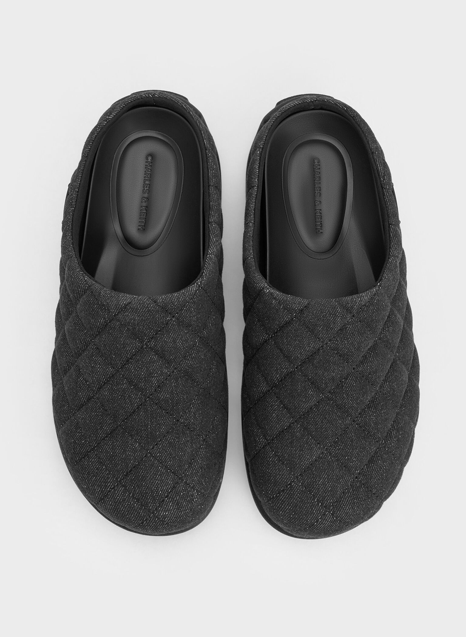 Quilted Flatform Mules, Black Textured, hi-res