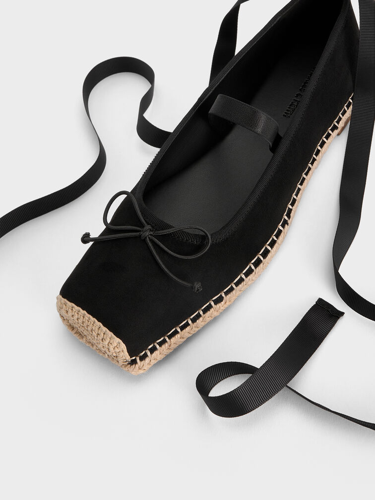 Faux Suede Bow Tie-Around Espadrille Ballet Flats, Negro texturizado, hi-res
