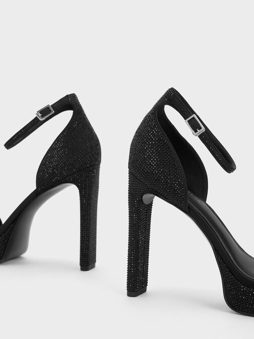 Crystal Ankle-Strap Platform Sandals, Black Textured, hi-res