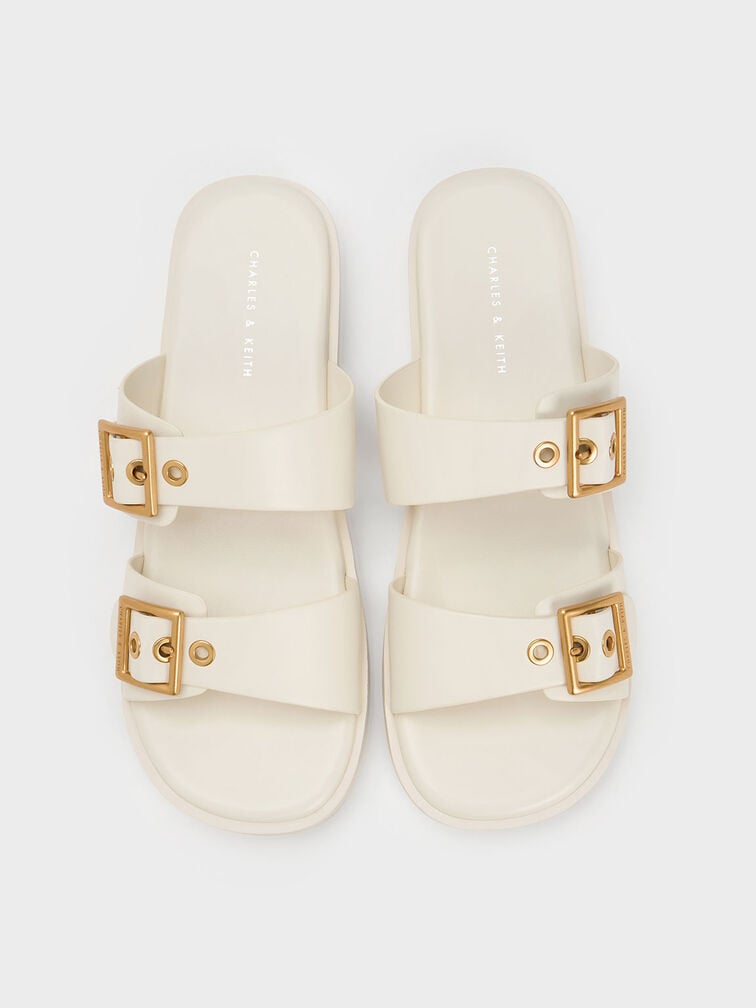 Buckled Double Strap Slide Sandals, White, hi-res