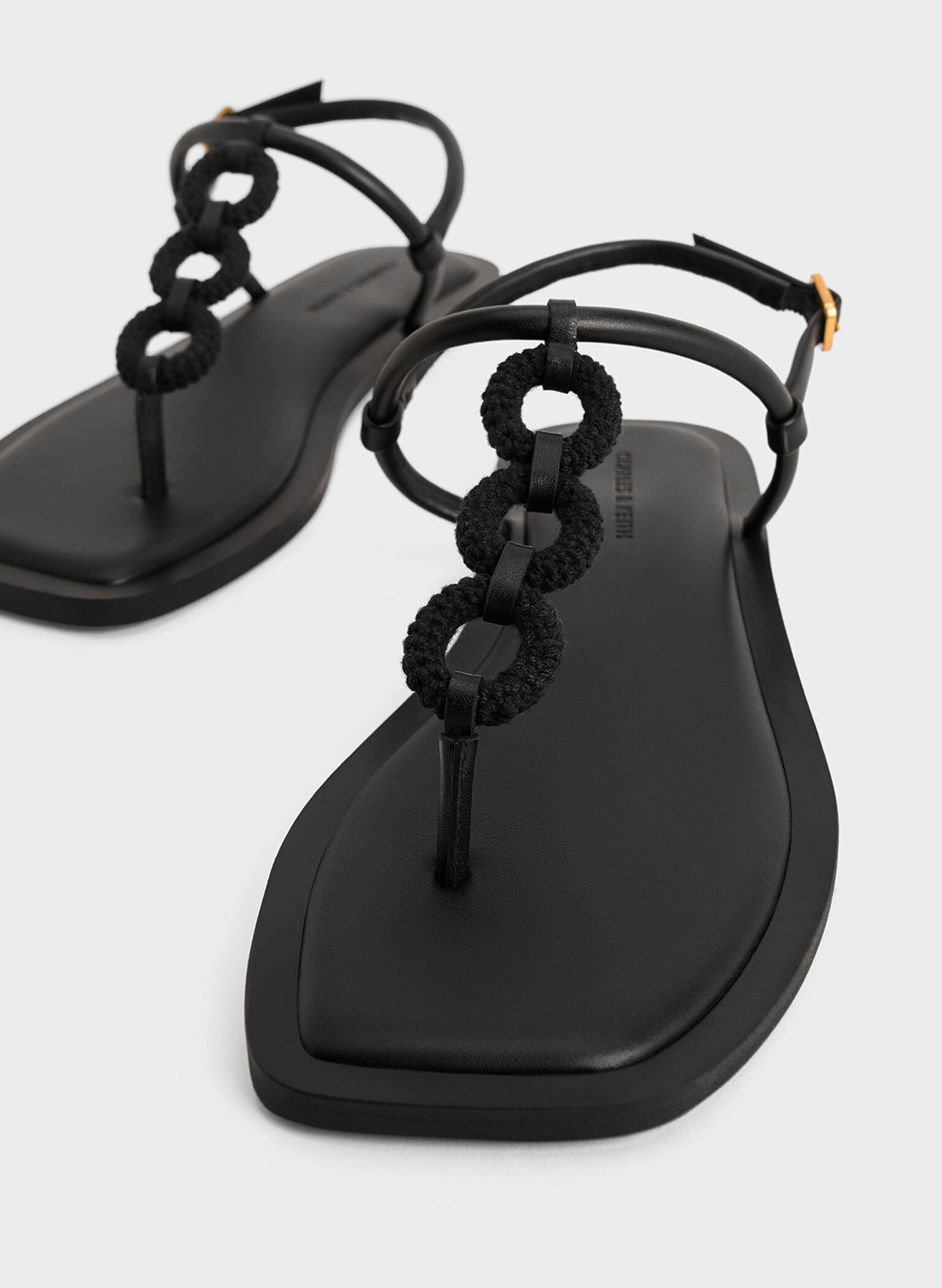 Raffia Ring Thong Sandals, Black, hi-res