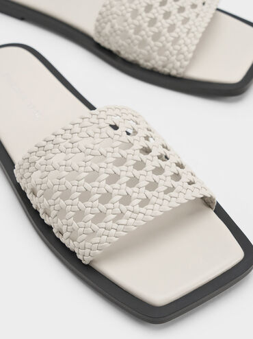 Woven Square-Toe Slides, White, hi-res