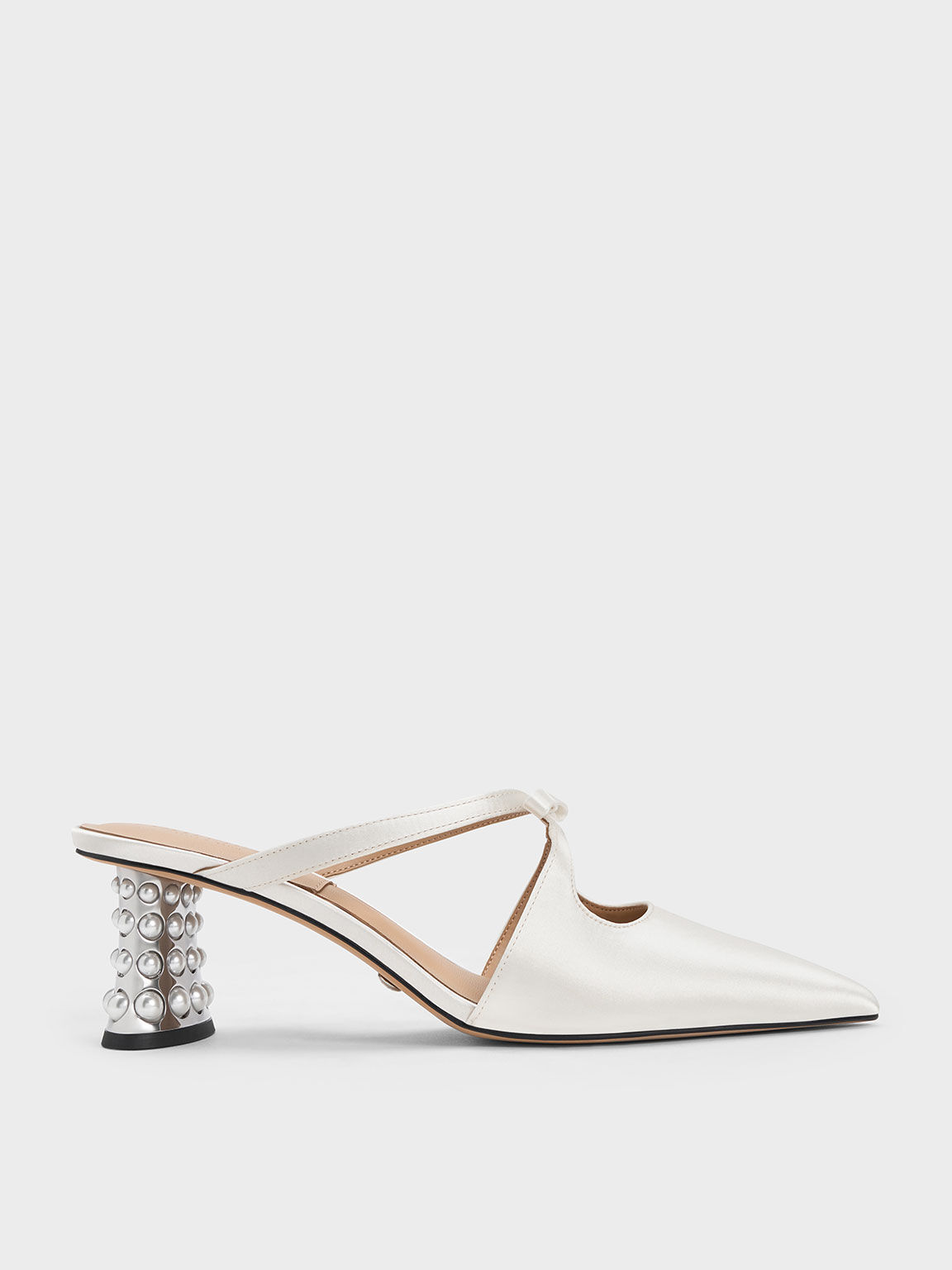 Beaded Heel Bow Mules, White, hi-res
